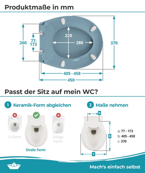 Abbildung mit Produktmaßen und Anleitung zur Bestimmung der passenden WC-Sitz-Form