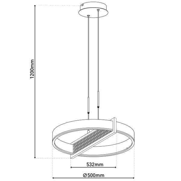 Technische Zeichnung einer runden Pendelleuchte mit den Maßen 1200 mm Höhe und 500 mm Durchmesser.