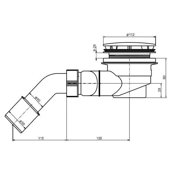 Technische Zeichnung eines Ablaufventils mit Maßangaben
