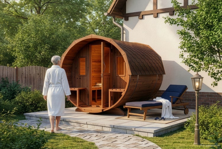 Eine Person im Bademantel vor einer hölzernen Fasssauna auf einer Gartenterrasse mit Sonnenliege neben einem Wohnhaus.