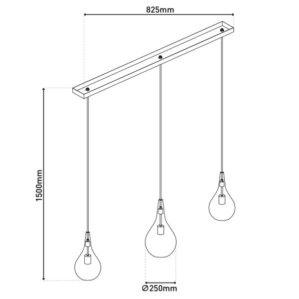 Abbildung der Maße einer Hängeleuchte mit drei Leuchten, Höhe 1500 mm, Breite 825 mm, Durchmesser 250 mm