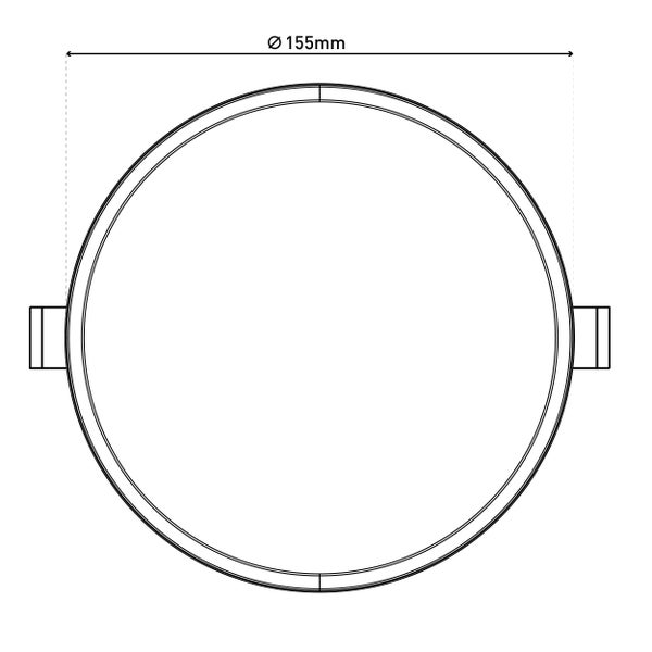Schema eines runden Einbaustrahlergehäuses mit einem Durchmesser von 155 Millimetern.