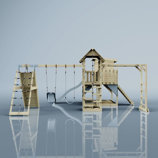 Holzspielturm mit Rutsche, Schaukel und Klettergerüst für den Garten