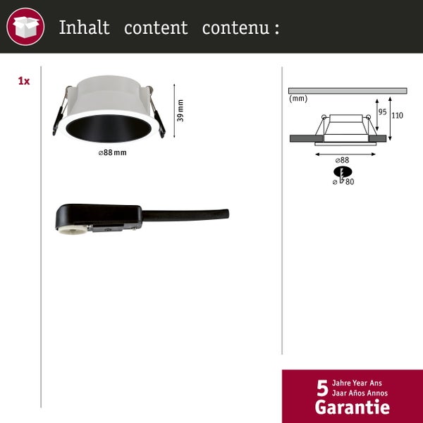Einbaustrahler mit Anschlussbox und Maßangaben für die Deckenmontage inklusive 5 Jahre Garantie