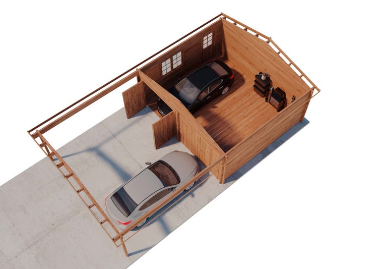 Draufsicht auf eine hölzerne Doppelgarage mit Carport-Anbau, Stellplätze für zwei Autos und integriertem Lagerraum.