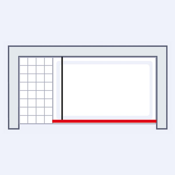 Technische Zeichnung einer Duschkabine mit markierter Montageposition für eine untere Dichtungsleiste.