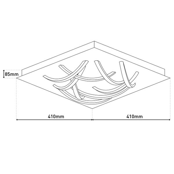 Technische Zeichnung einer Deckenleuchte mit den Maßen 410 Millimeter mal 410 Millimeter und einer Höhe von 85 Millimetern.