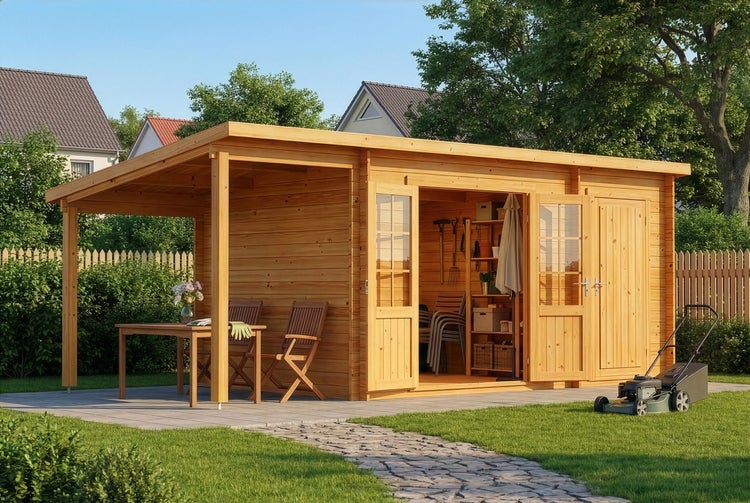 Gartenhaus aus Holz mit Schleppdach, Doppeltür und Regal im Innenraum in einem hellen, gepflegten Garten.