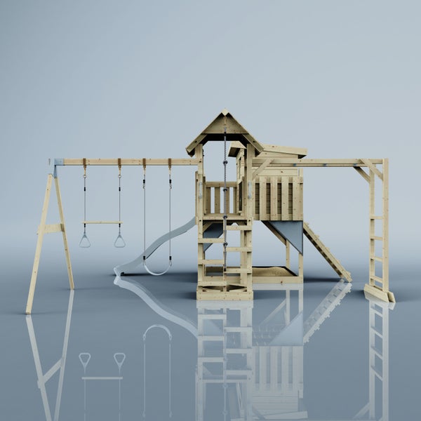 Spielplatz mit Schaukel, Rutsche, Spielturm und Kletterleiter aus Holz