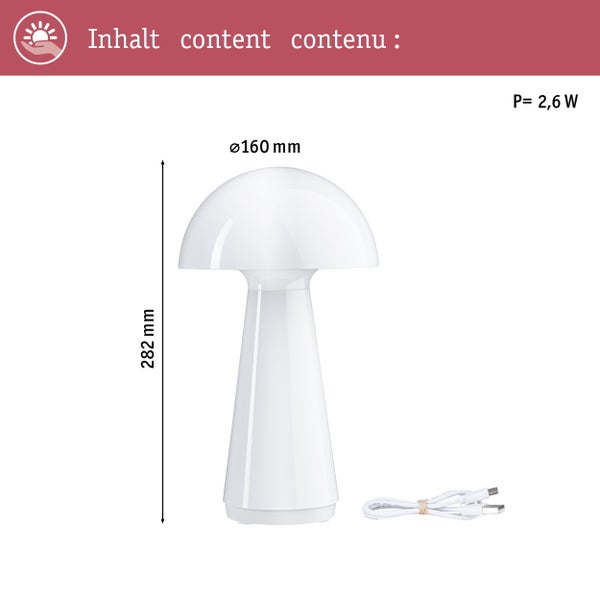 Pilzförmige Tischleuchte mit einer Leistung von 2,6 Watt, Höhe 282 Millimeter, Durchmesser 160 Millimeter, inklusive USB-Ladekabel.