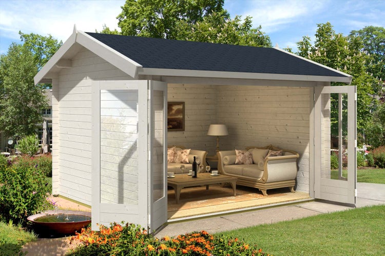 Alpholz Gartenhaus Tessa-44 ISO mit großer Falttür Gartenhaus aus Holz, Holzhaus mit 44 mm Wandstärke, Blockbohlenhaus mit Montagematerial, Naturbelassen 4,2x3,2m