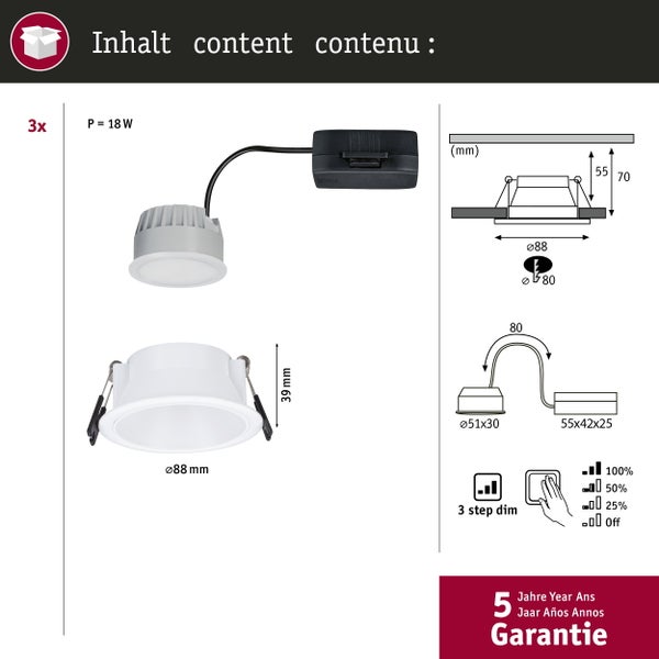 Set mit drei LED Einbaustrahlern inklusive technischer Zeichnung mit Maßen, dreistufiger Dimmfunktion und fünf Jahren Garantie