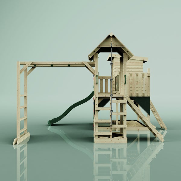 Holzspielplatz mit Rutsche, Kletterwand und Spielhaus