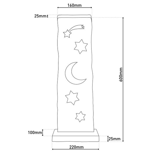 Dimensionsskizze einer Lampe mit Sternen- und Mondmotiven