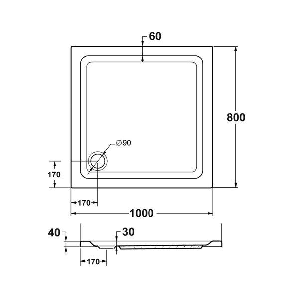 Technische Zeichnung einer Duschwanne mit Maßangaben