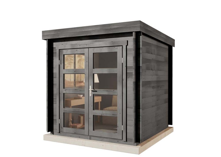 Modernes Gartenhaus aus Holz in Grau mit Flachdach und Doppeltür mit Glaselementen.