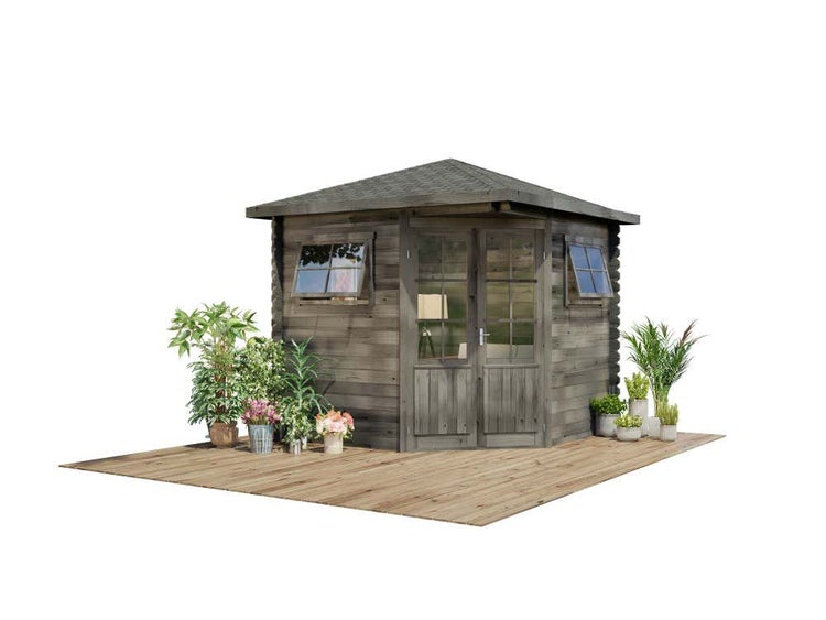 Alpholz 5-Eck Gartenhaus Sunny-B aus Massivholz Grau (Imprägnierung)| Gerätehaus mit 28 mm Wandstärke, Garten Holzhaus inklusive Montagematerial, Geräteschuppen Größe: 250 x 250 cm, Spitzdach