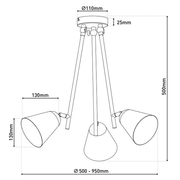 Technische Zeichnung einer Deckenleuchte mit drei Leuchten und Abmessungen