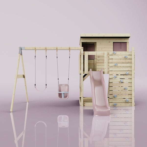 Spielturm aus Holz mit Doppelschaukel, rosa Rutsche und Kletterwand. Beinhaltet ein Spielhaus und einen Babysitz.