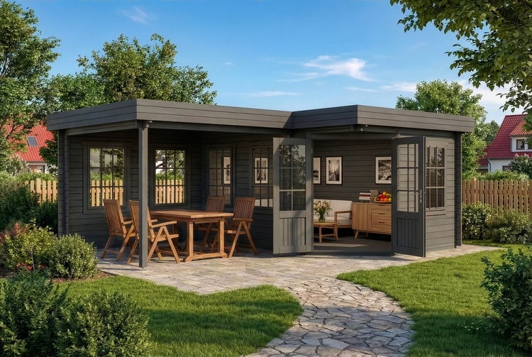 Hellblaues L-förmiges Gartenhaus mit Flachdach, weißen Türen und Fenstern sowie integrierter überdachter Terrasse mit hölzernen Lounge-Möbeln.