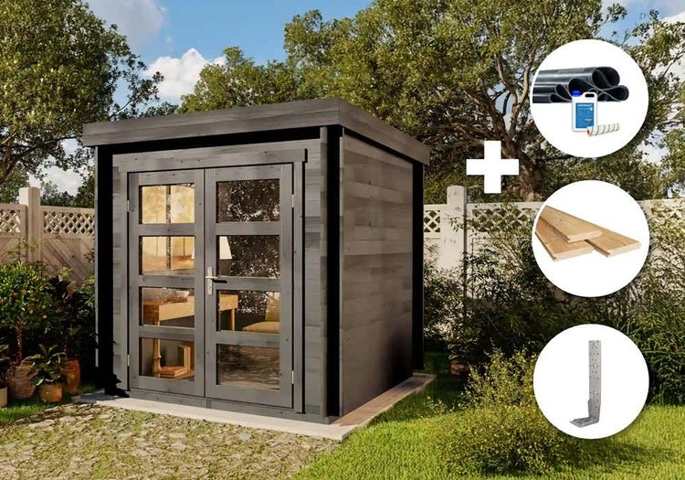 Zuganker aus verzinktem Stahl zur Befestigung einer Holzwand am Boden.