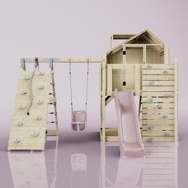 Spielturm mit Kletterwand, Rutsche und Schaukel