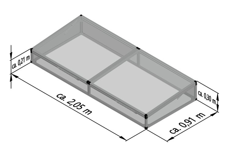Frühbeetaufsatz aus Aluminium und transparenten Platten mit Maßen circa 2,05 Meter Länge, 0,91 Meter Breite und 0,21 bis 0,30 Meter Höhe.