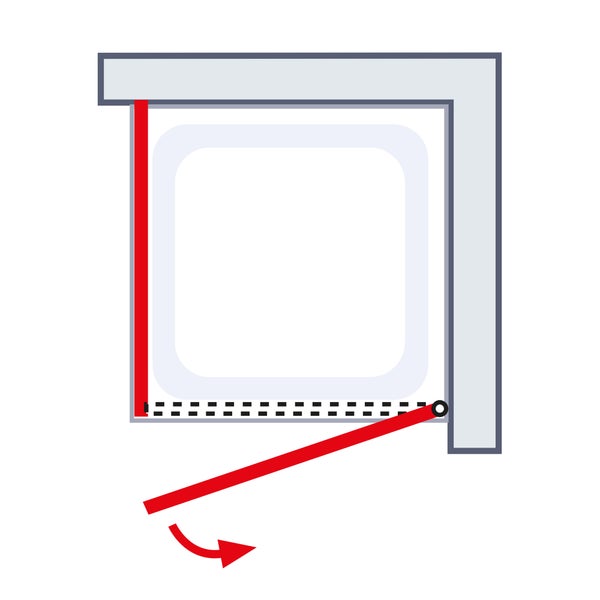 Schematische Darstellung einer nach außen öffnenden Duschtür mit Angabe des Schwenkbereichs.