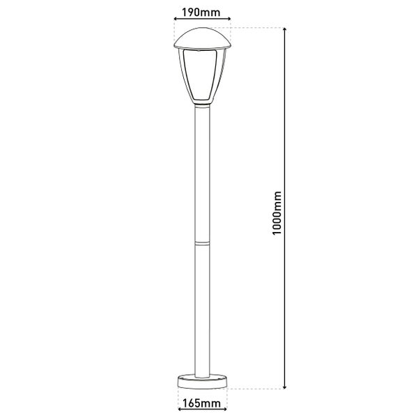 Abbildung einer Gartenleuchte mit den Maßen 190 mm Kopfbreite, 1000 mm Höhe und 165 mm Fußbreite.