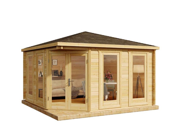 Alpholz 5-Eck Gartenhaus Maja aus Massiv-holz, Gerätehaus mit 44 mm Wandstärke mit Imprägnierung (Pinie), Garten Holzhaus inklusive Montagematerial, Geräteschuppen Größe: 400 x 400 cm, Spitzdach
