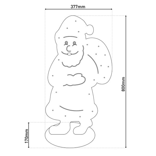 Abmessungen einer Weihnachtsmann Silhouette: 377 Millimeter breit, 800 Millimeter hoch und 170 Millimeter Sockelhöhe