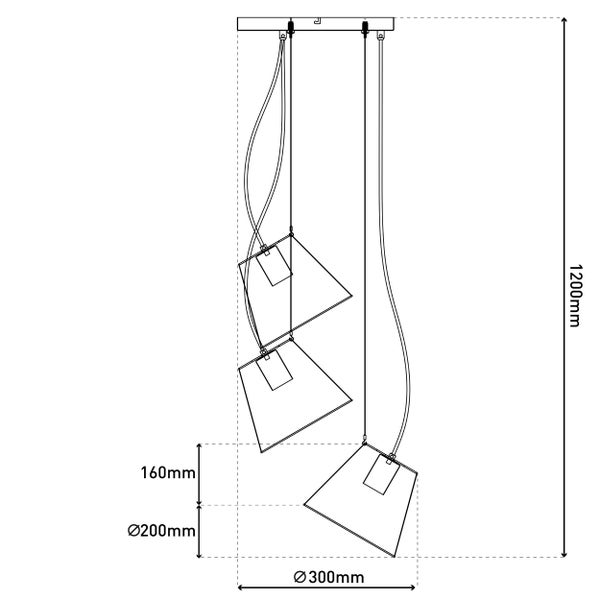 Technische Zeichnung einer Hängeleuchte mit drei Leuchten und Maßangaben.