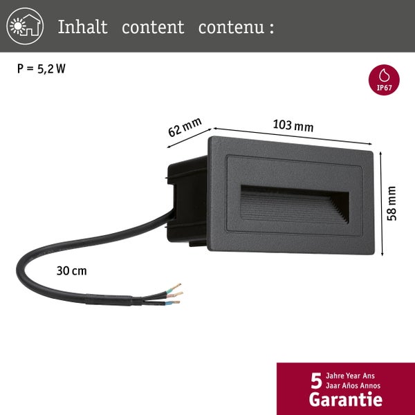 LED Außenwandleuchte mit Bewegungsmelder, 800 Lumen, 8,5 Watt, spritzwassergeschützt nach IP44, Maße 315 mal 110 mal 125 Millimeter.