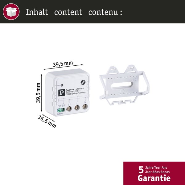 Paulmann Zigbee Unterputzaktor fuer Smart Home Lichtsteuerung mit Montagehalterung und Massangaben sowie fuenf Jahre Garantie