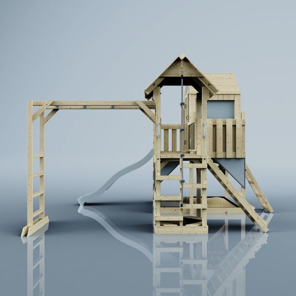 Spielturm mit Rutsche, Kletterwand und Schaukel