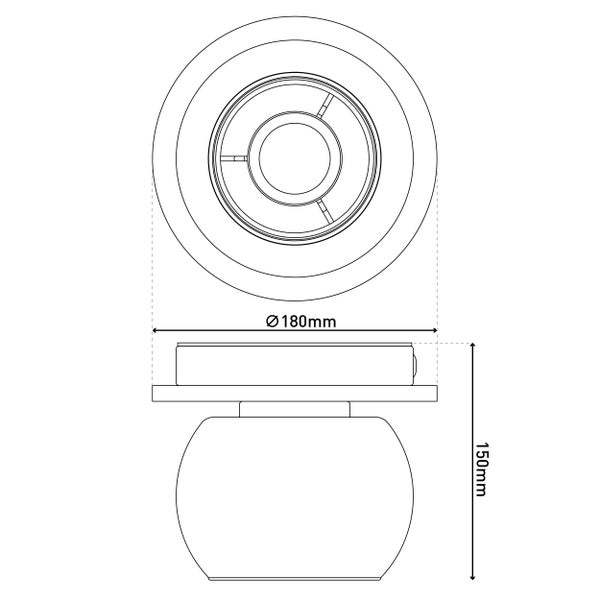 Technische Zeichnung einer Deckenleuchte mit den Maßen 180 Millimeter Durchmesser und 150 Millimeter Höhe