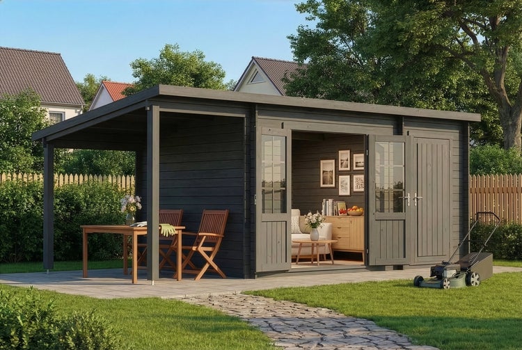 Modernes Gartenhaus aus Holz in Anthrazit mit Flachdach, integrierter Terrasse und einer Doppeltür aus Glas.
