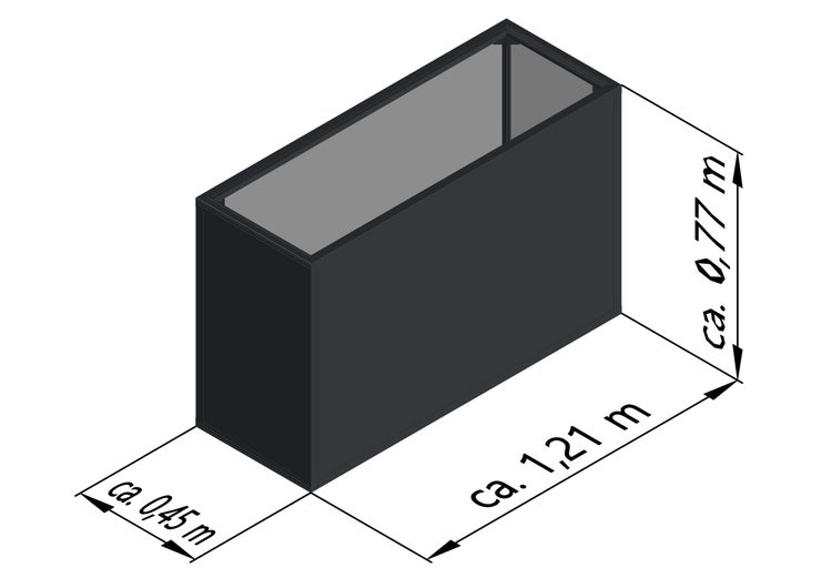 Technische Zeichnung eines rechteckigen Pflanzkastens mit Maßen: Länge circa 1,21 Meter, Breite circa 0,45 Meter, Höhe circa 0,77 Meter.