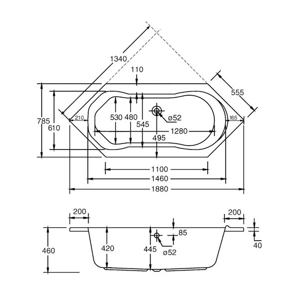 Technische Zeichnung einer Badewanne mit Maßangaben.