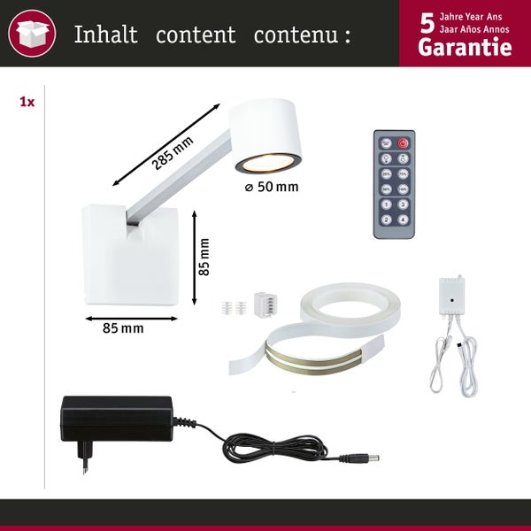 Wandleuchte Set mit LED Band Fernbedienung und Netzteil inklusive Maßangaben und fünf Jahre Garantie