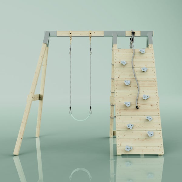 Kinderspielgerät aus Holz mit Schaukel, Kletterwand mit Klettersteinen und Klettertau.