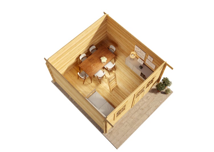 Innenansicht eines Holzhauses mit Esstisch, Stühlen, Bett und Aufbewahrungsmöbeln