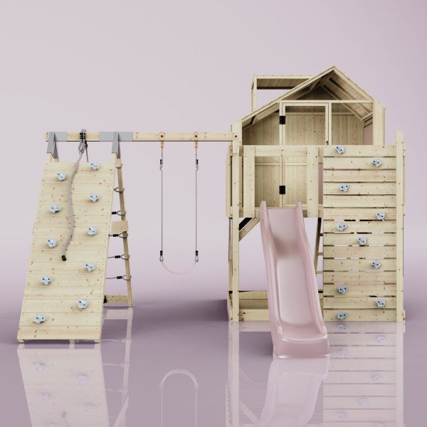 Spielturm mit Kletterwand, Schaukel und Rutsche