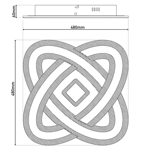Technische Zeichnung der Lampe mit den Maßen 480 Millimeter mal 480 Millimeter