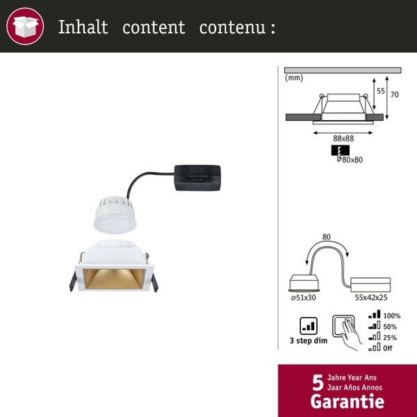 Quadratischer LED Einbaustrahler mit Dimmfunktion in drei Stufen und technischer Maßskizze sowie fünf Jahren Garantie.