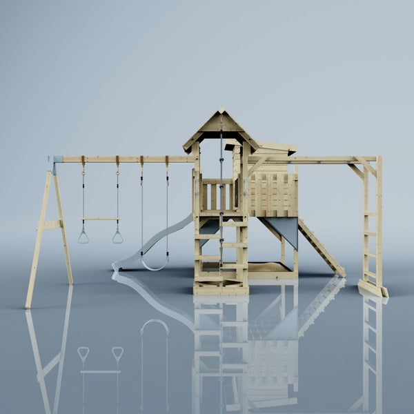 Spielplatz aus Holz mit Schaukel, Rutsche und Kletterturm