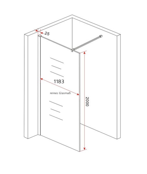 Technische Zeichnung einer Duschkabine mit Maßangaben