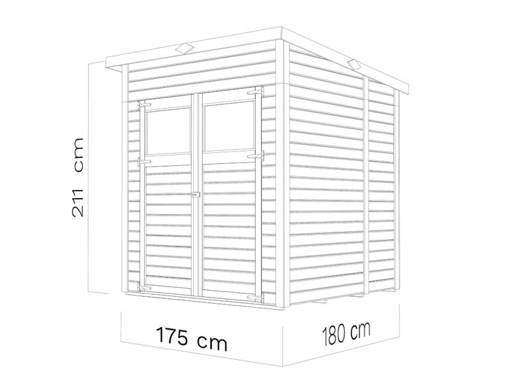 Gartenhaus mit Pultdach und Doppeltür inklusive Fenstern. Maße: Breite 175 Zentimeter, Tiefe 180 Zentimeter, Höhe 211 Zentimeter.