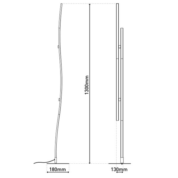 Abmessungen einer Stehlampe: Höhe 1300 mm, Tiefe Fuß 180 mm, Tiefe Sockel 130 mm