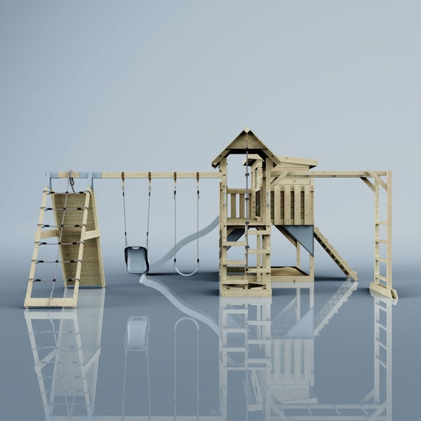 Holzspielturm mit Schaukel, Rutsche, Kletterwand und Leiter für den Garten